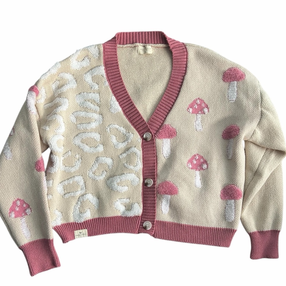 Simply Southern Women’s‎ Cardigan Sweater M Mushroom Leopard Print Pink Beige